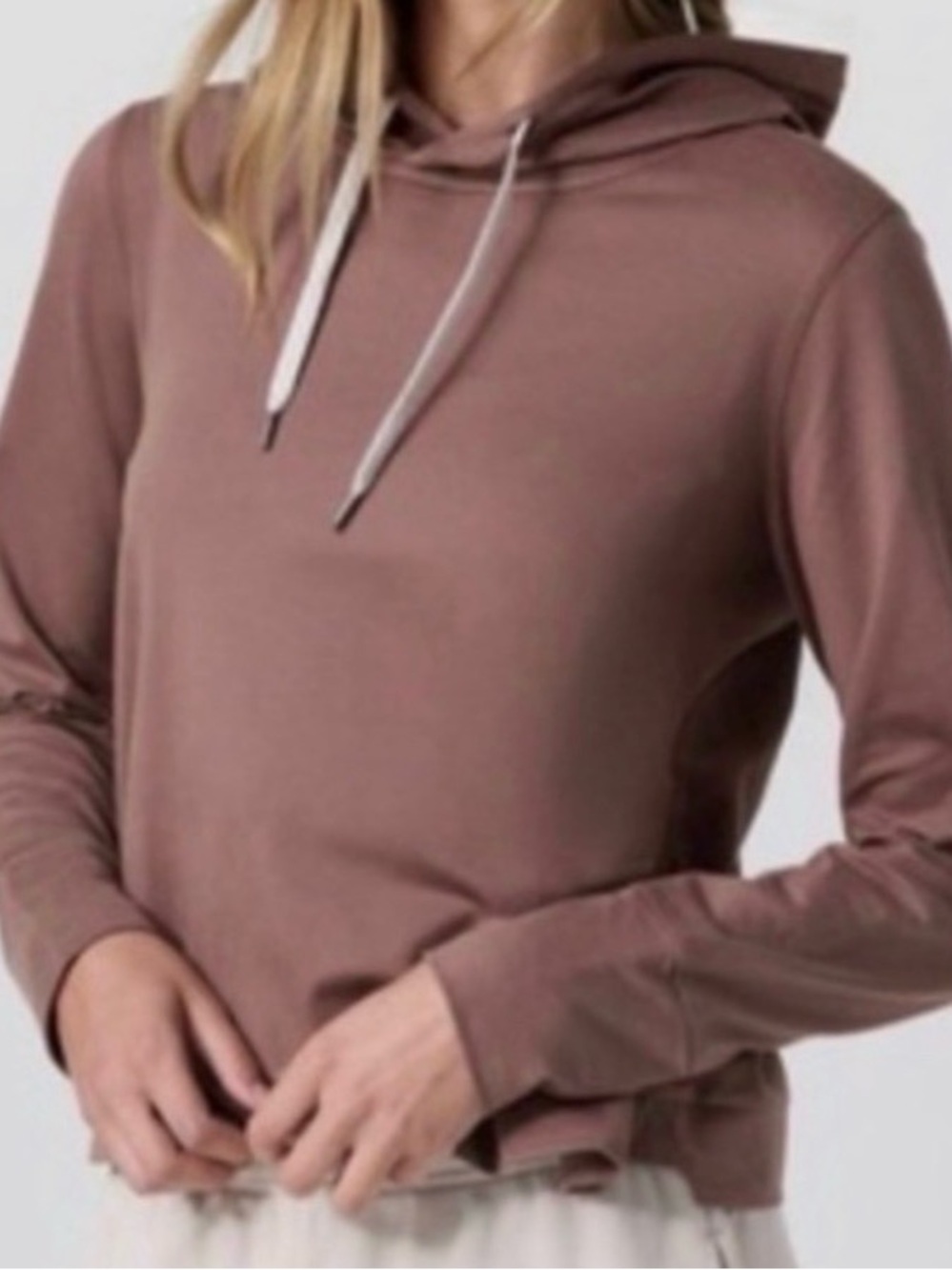 Vuori Mauve Funnel Neck Hoodie with White Drawstrings